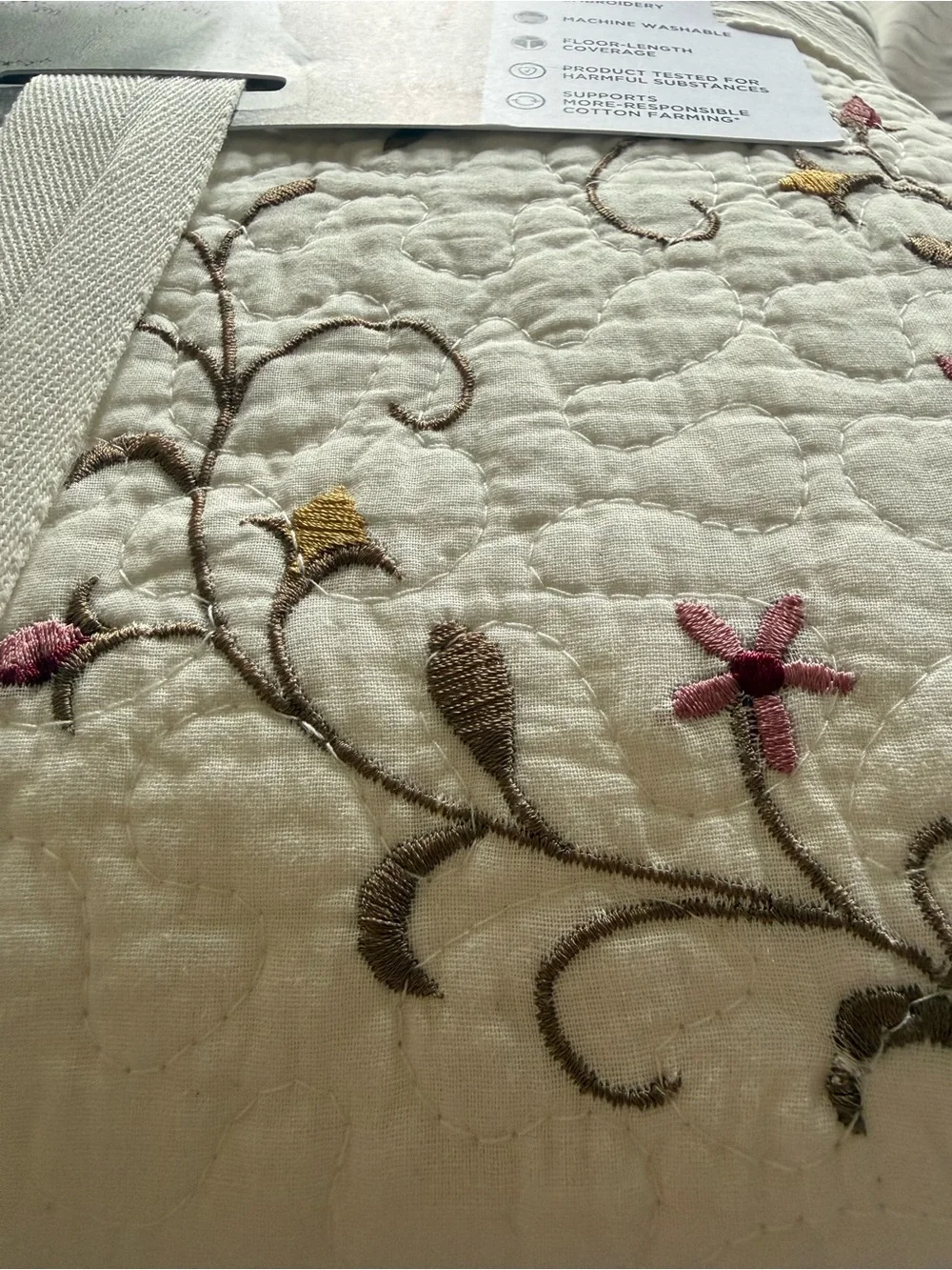 Sonoma Cream Embroidered Bedspread with Pink & Brown Floral Accents full size